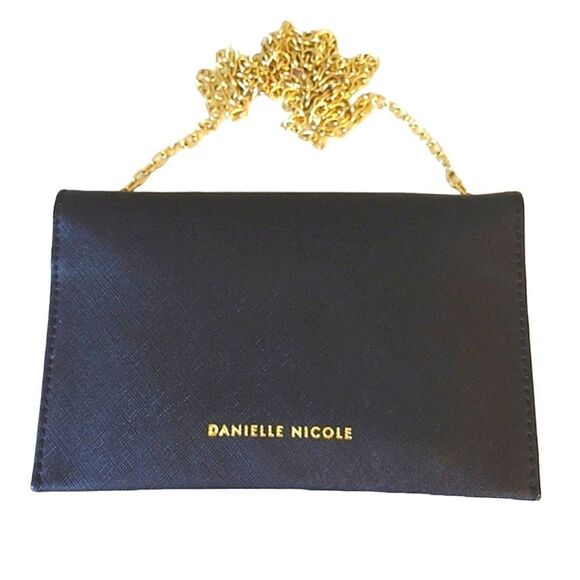 Danielle Nicole Black Vegan Gold Accent Evening Envelope Clutch with Chain - Picture 7 of 13